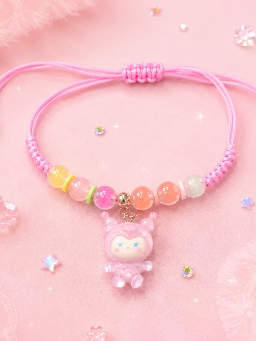 Handmade Kawaii Pink Charm Adjustable Bracelet Silver-tone